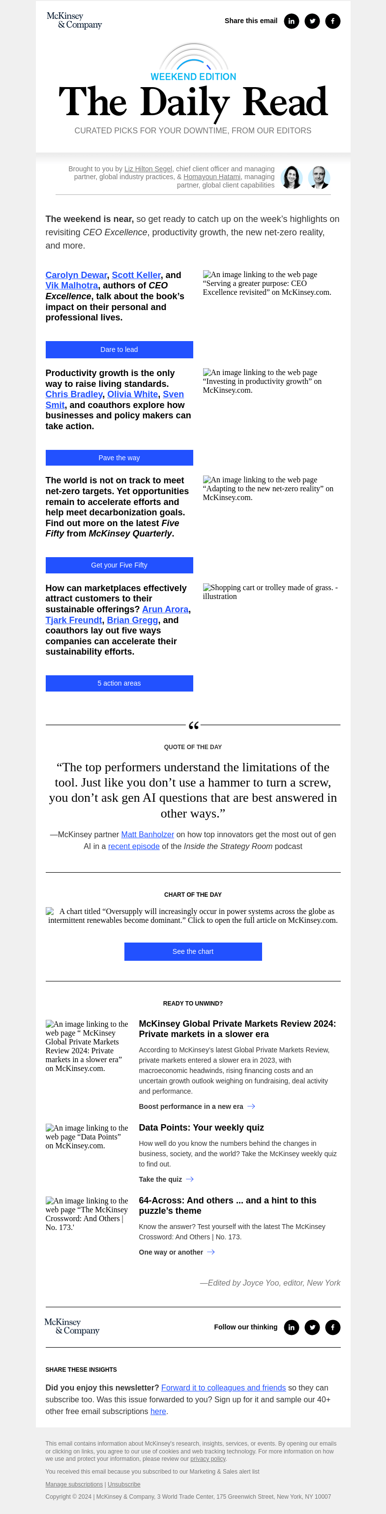 Письмо компании «McKinsey & Company» на тему «Serving a greater purpose, productivity growth, sustainable
 offerings in e-commerce, and more: The Daily Read Weekender»