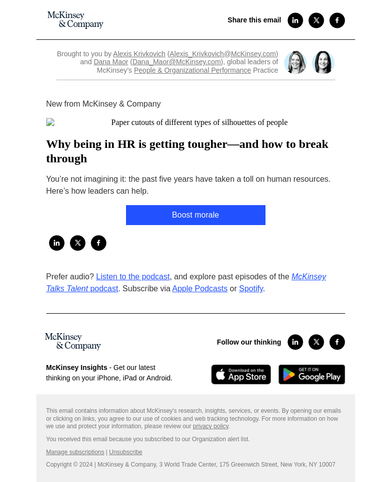 Письмо компании «McKinsey & Company» на тему «Why being in HR is getting tougher—and how to break through»