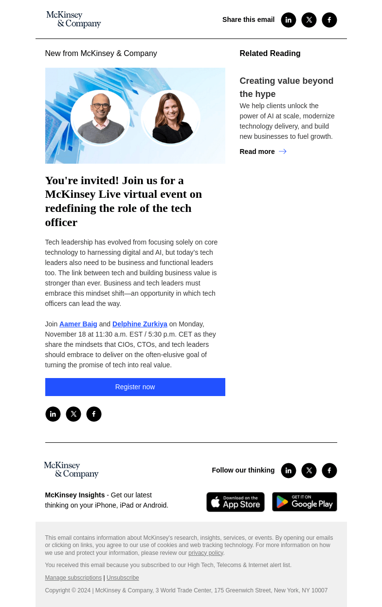Письмо компании «McKinsey & Company» на тему «You're invited! Join us for a McKinsey Live virtual event on
 redefining the role of the tech officer»