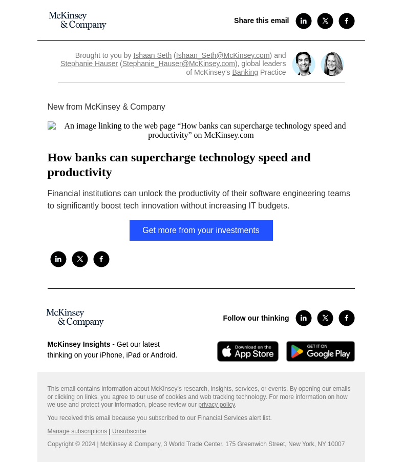 Письмо компании «McKinsey & Company» на тему «How banks can supercharge technology speed and productivity»