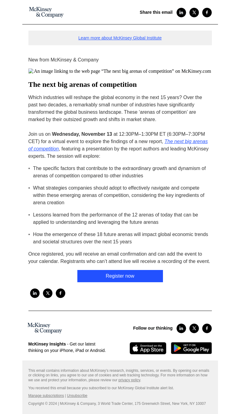 Письмо компании «McKinsey & Company» на тему «Reminder: Join us for a virtual event on the next big arenas of
 competition»
