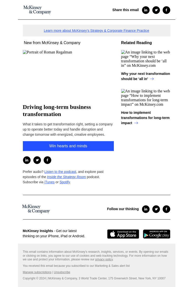 Письмо компании «McKinsey & Company» на тему «Driving long-term business transformation»