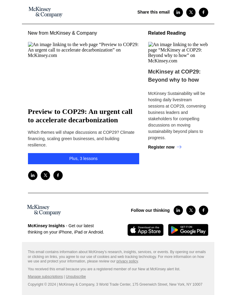 Письмо компании «McKinsey & Company» на тему «Preview to COP29: An urgent call to accelerate decarbonization»