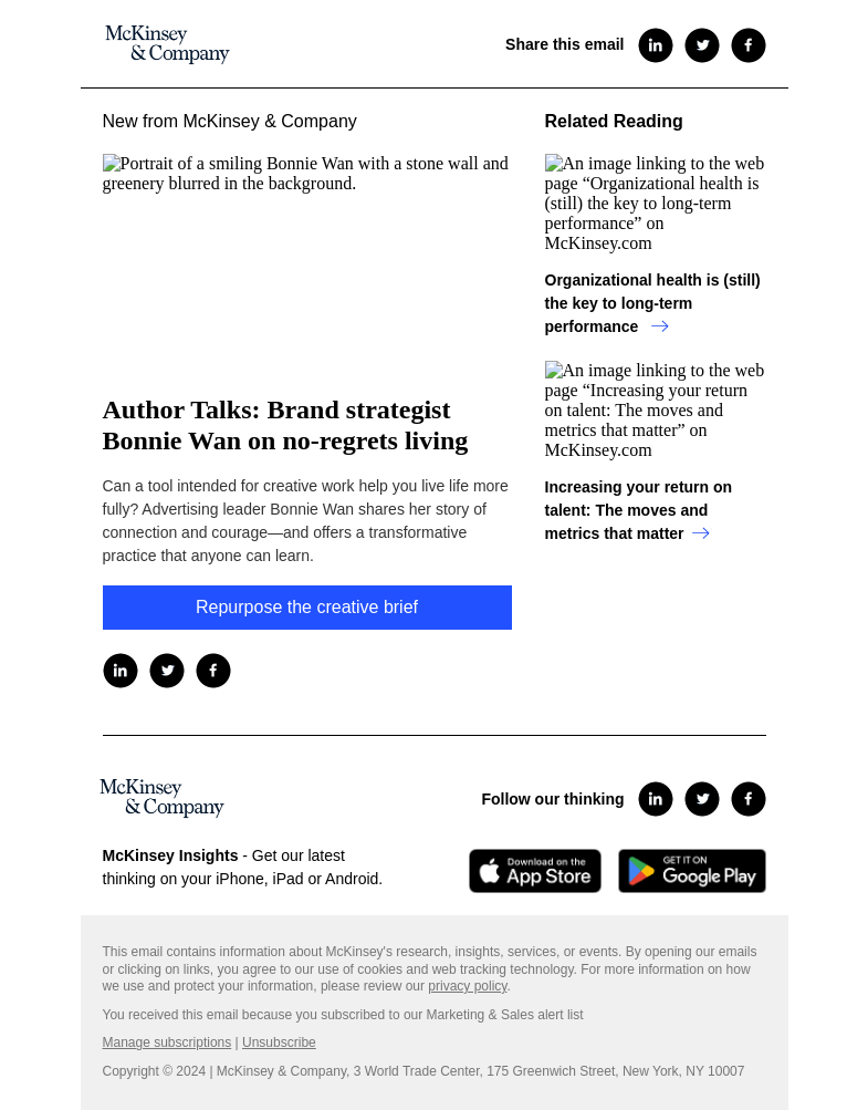 Письмо компании «McKinsey & Company» на тему «Author Talks: Brand strategist Bonnie Wan on no-regrets living»