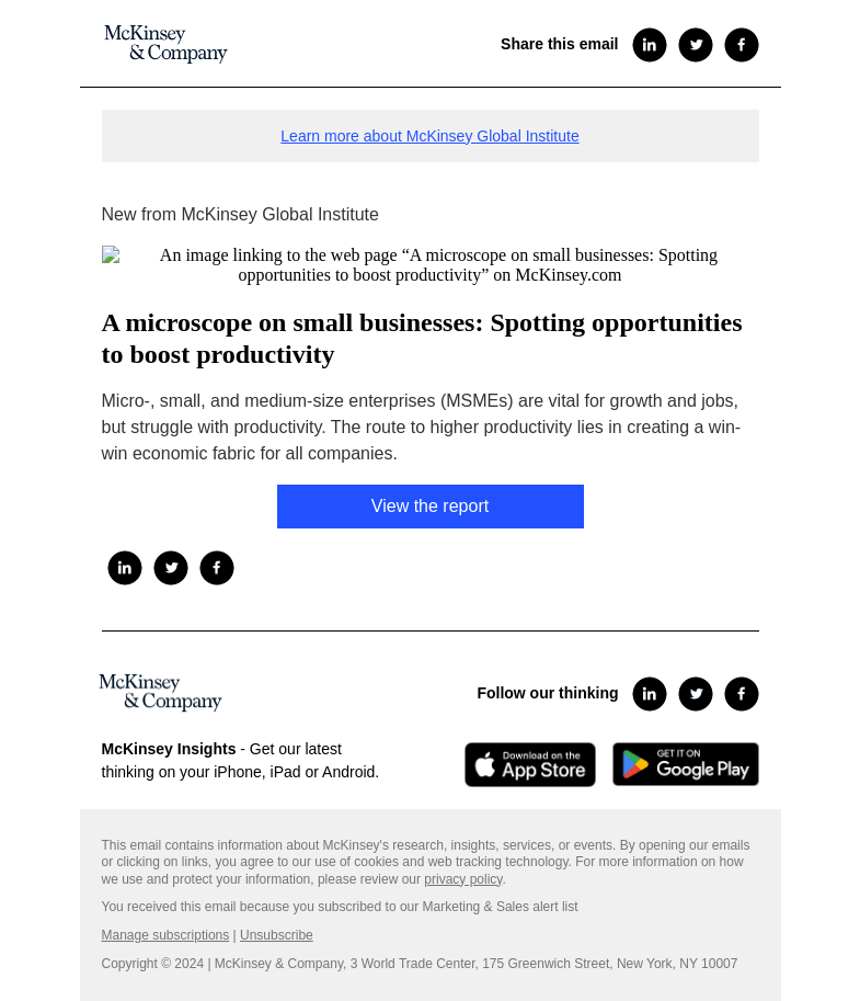 Письмо компании «McKinsey & Company» на тему «A microscope on small businesses: Spotting opportunities to boost
 productivity»