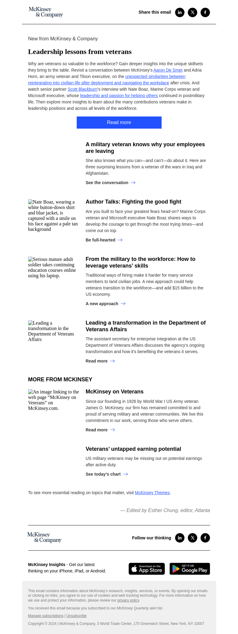 Письмо компании «McKinsey & Company» на тему «Leadership lessons from veterans»