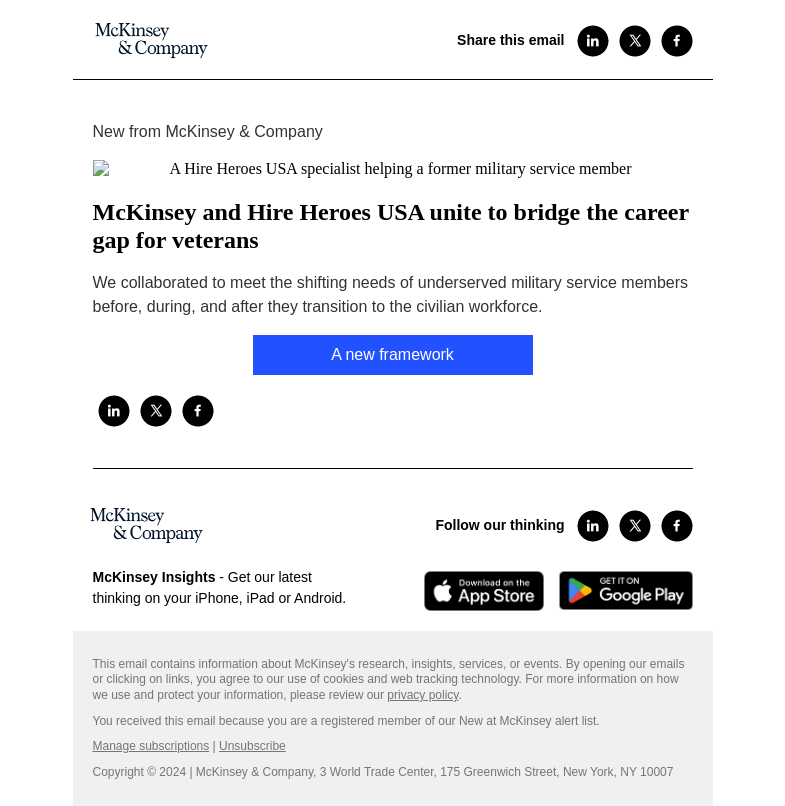 Письмо компании «McKinsey & Company» на тему «McKinsey and Hire Heroes USA unite to bridge the career gap for
 veterans»