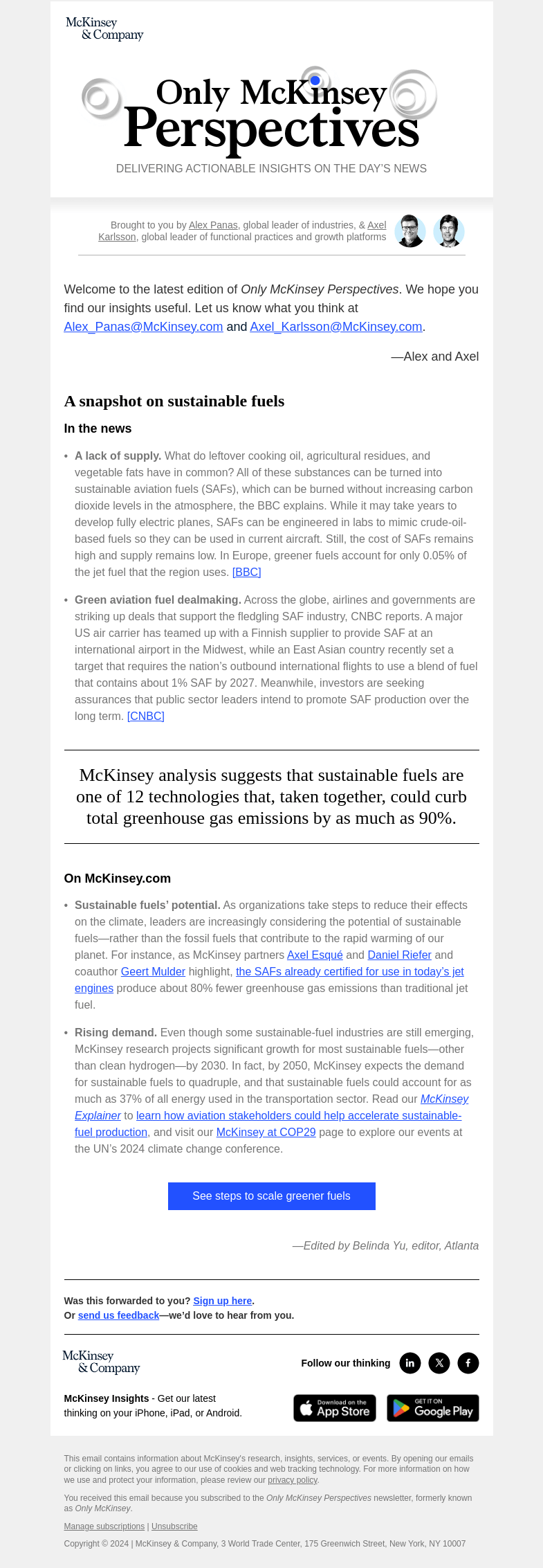 Письмо компании «McKinsey & Company» на тему «How can aviation leaders boost production of sustainable fuels?»