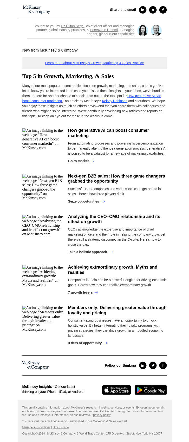 Письмо компании «McKinsey & Company» на тему «Top 5 in Growth, Marketing, & Sales»