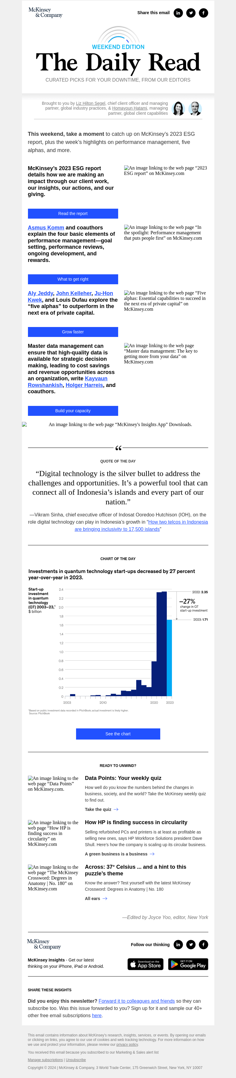 Письмо компании «McKinsey & Company» на тему «McKinsey’s latest ESG report, performance management, five alphas, and more of the week’s highlights»