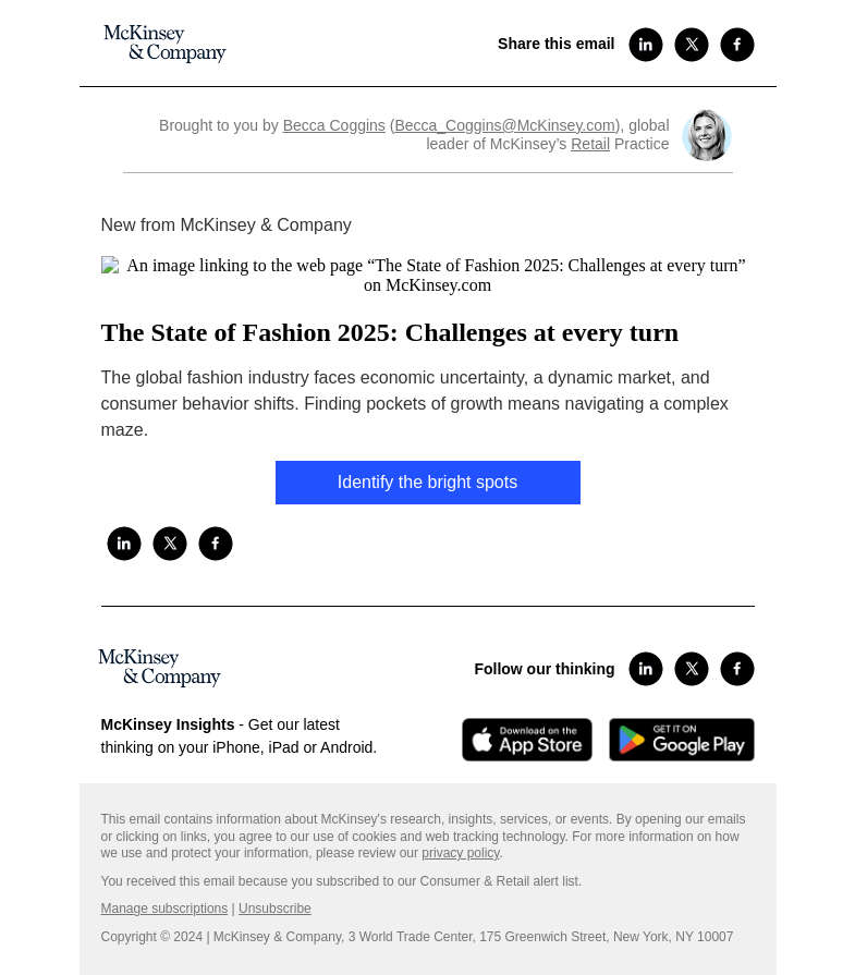Письмо компании «McKinsey & Company» на тему «The State of Fashion 2025: Challenges at every turn»