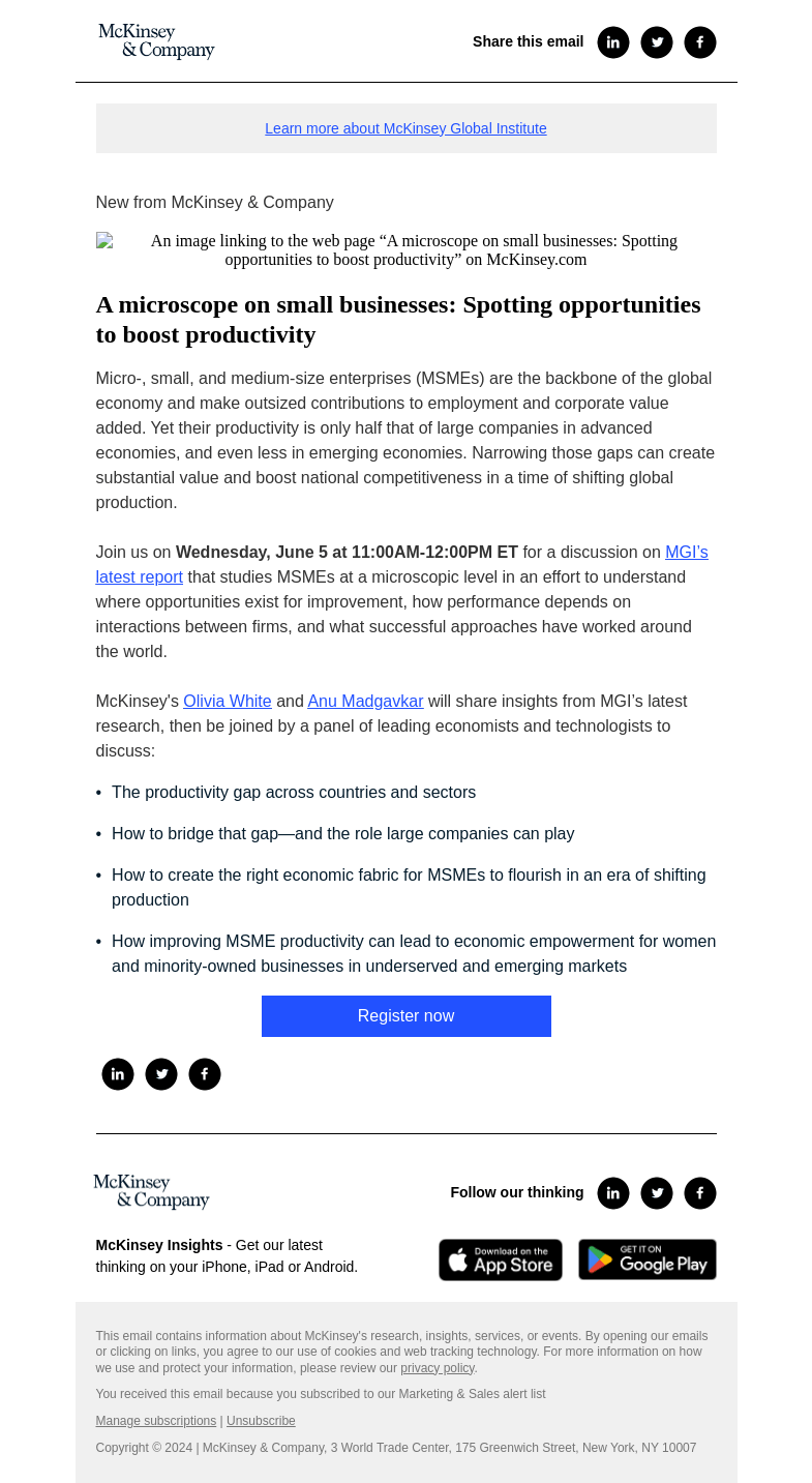 Письмо компании «McKinsey & Company» на тему «You're invited! Join us for a McKinsey Global Institute virtual
 event on small-business productivity»