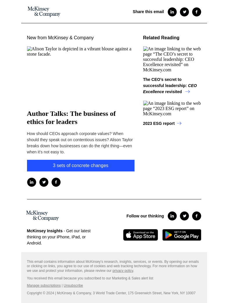 Письмо компании «McKinsey & Company» на тему «Author Talks: The business of ethics for leaders»