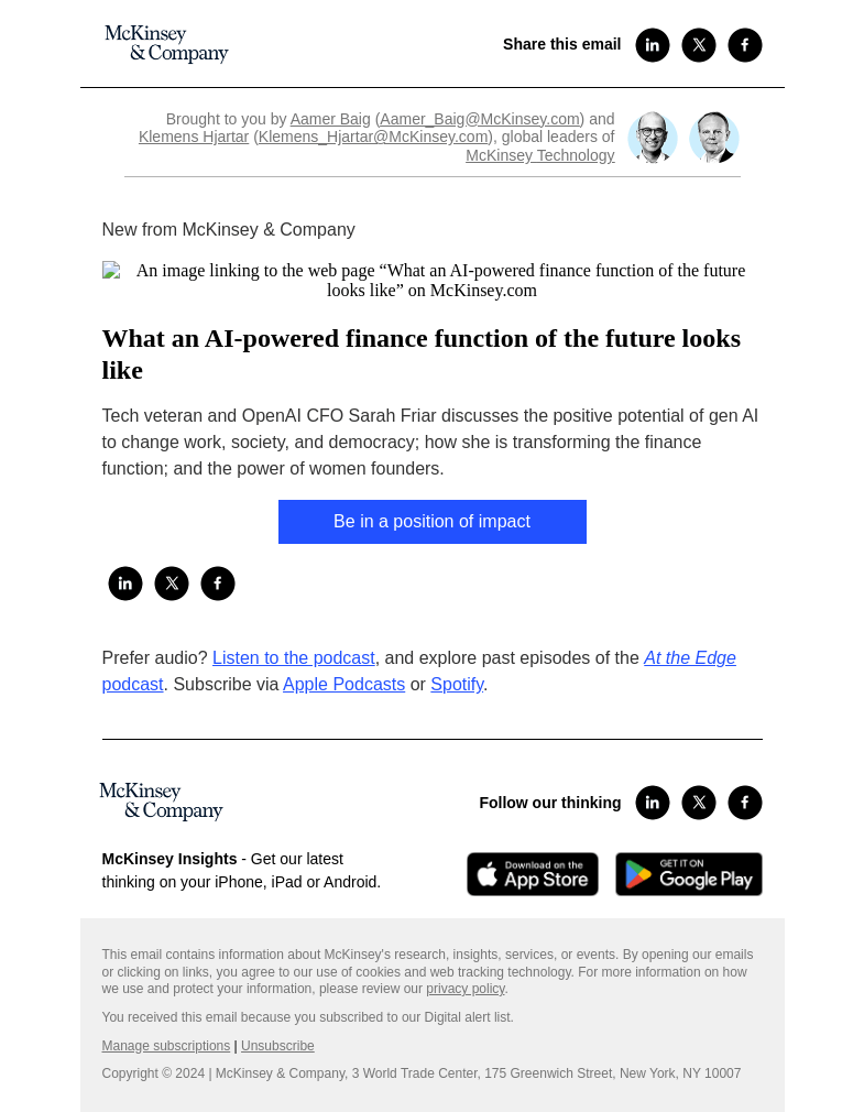 Письмо компании «McKinsey & Company» на тему «What an AI-powered finance function of the future looks like»