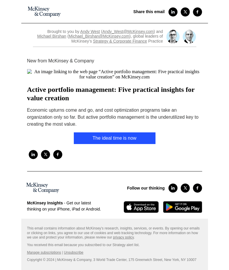 Письмо компании «McKinsey & Company» на тему «Active portfolio management: Five practical insights for value
 creation»