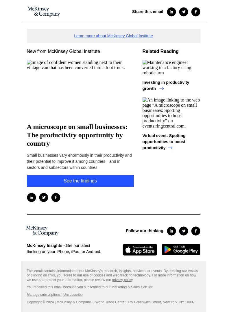 Письмо компании «McKinsey & Company» на тему «A microscope on small businesses: The productivity opportunity by
 country»