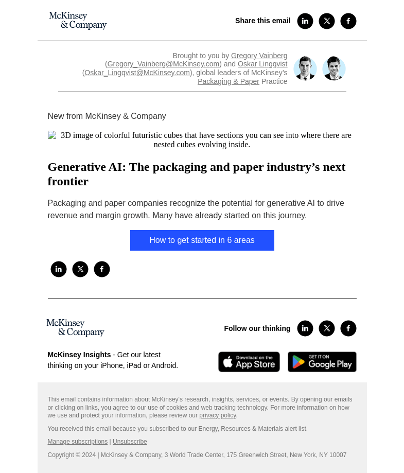 Письмо компании «McKinsey & Company» на тему «Generative AI: The packaging and paper industry’s next frontier»