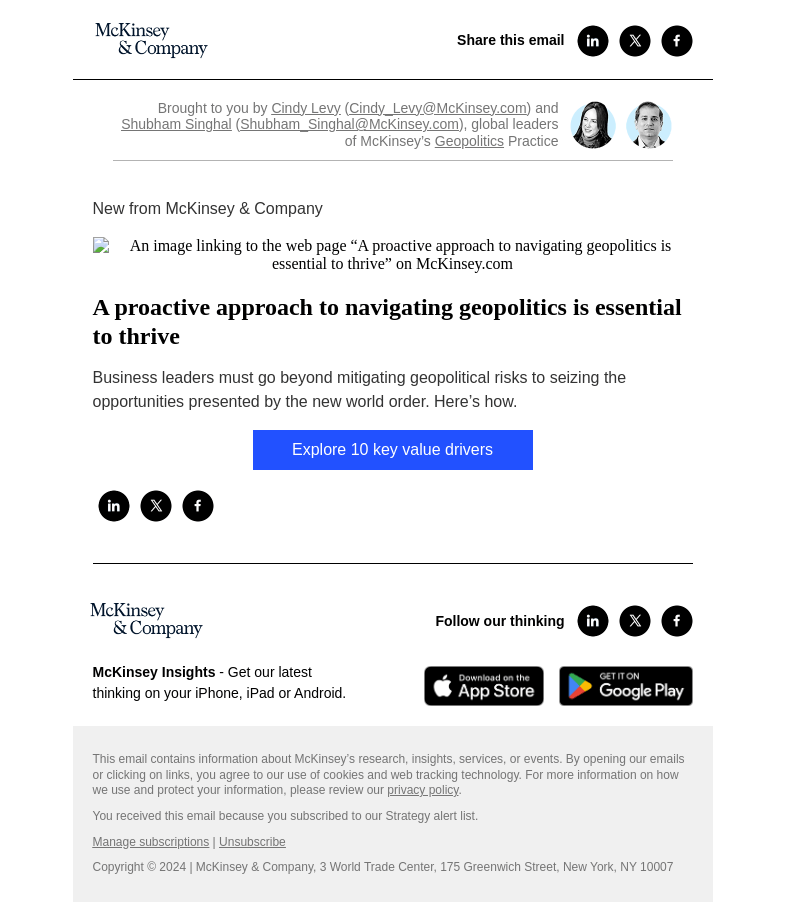 Письмо компании «McKinsey & Company» на тему «A proactive approach to navigating geopolitics is essential to
 thrive»