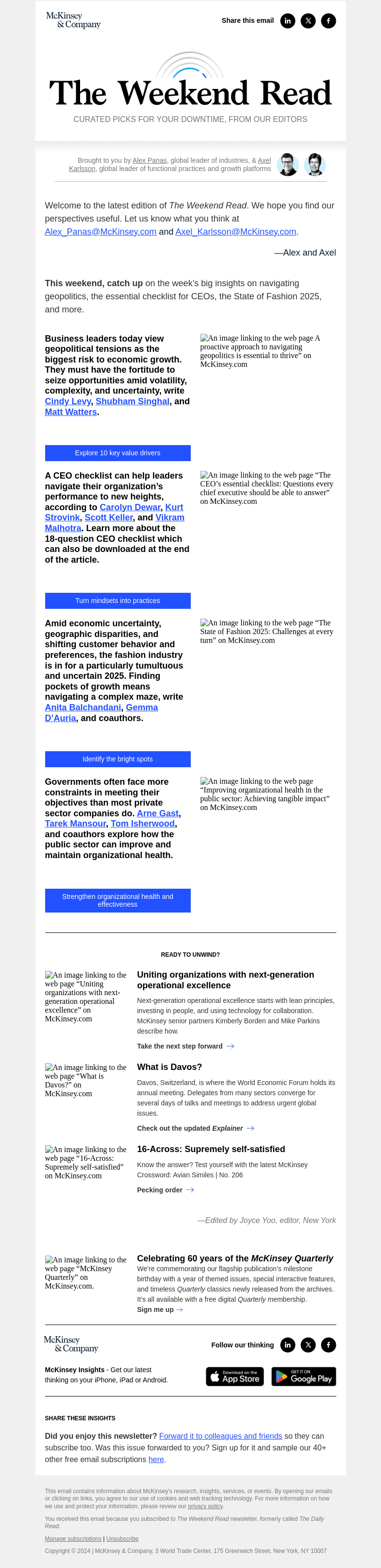 Письмо компании «McKinsey & Company» на тему «Navigating geopolitics, checklist for CEOs, the State of Fashion
 2025, and more: The Weekend Read»