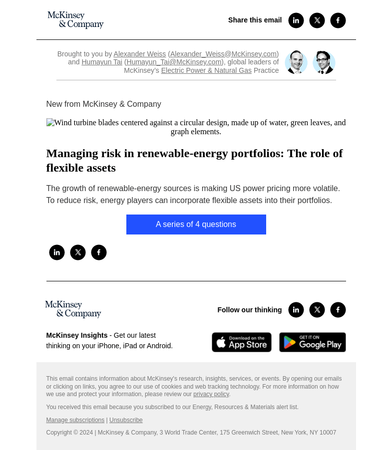 Письмо компании «McKinsey & Company» на тему «Managing risk in renewable-energy portfolios: The role of flexible
 assets»