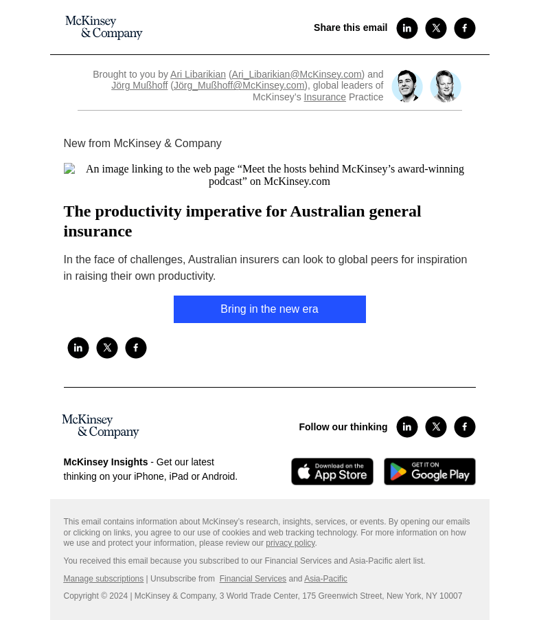 Письмо компании «McKinsey & Company» на тему «The productivity imperative for Australian general insurance»