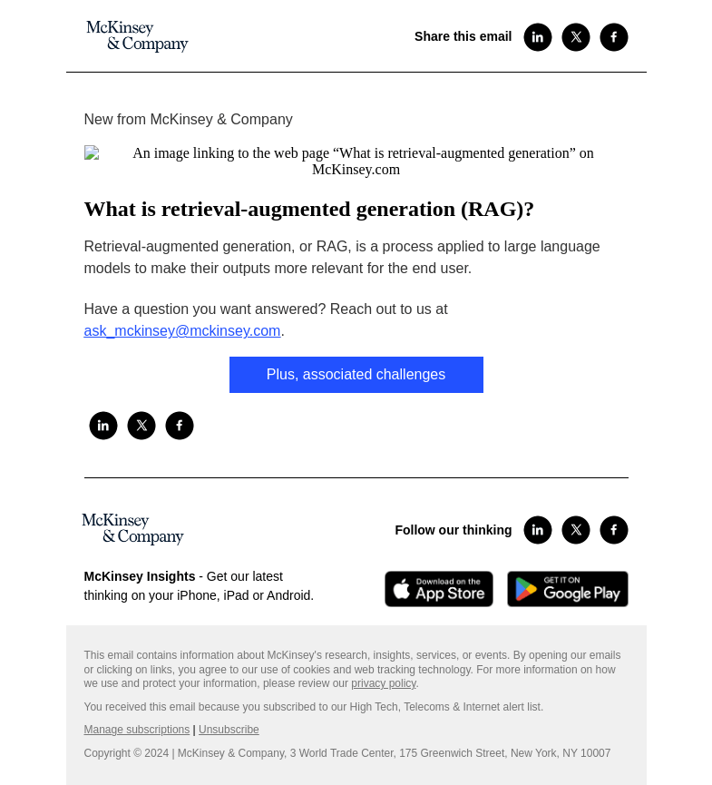 Письмо компании «McKinsey & Company» на тему «What is retrieval-augmented generation (RAG)?»