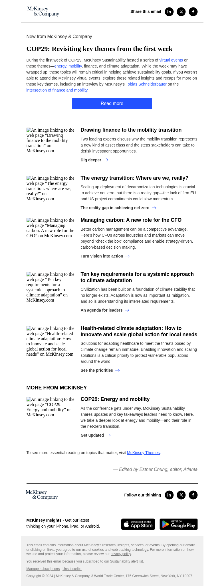 Письмо компании «McKinsey & Company» на тему «COP29: Revisiting key themes from the first week»