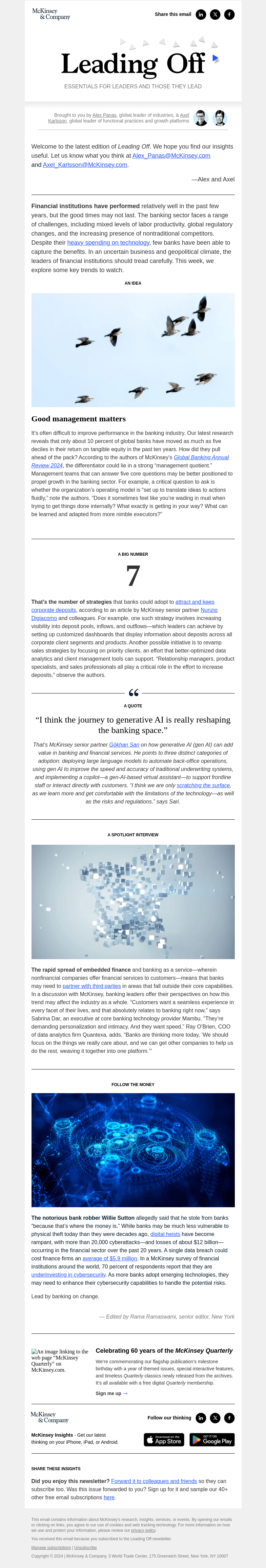 Письмо компании «McKinsey & Company» на тему «Banking update 2024: What leaders need to know»