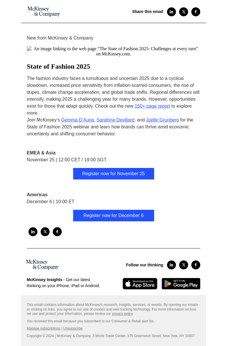 Письмо компании «McKinsey & Company» на тему «You're invited! Join us for a webinar on the State of Fashion 2025»