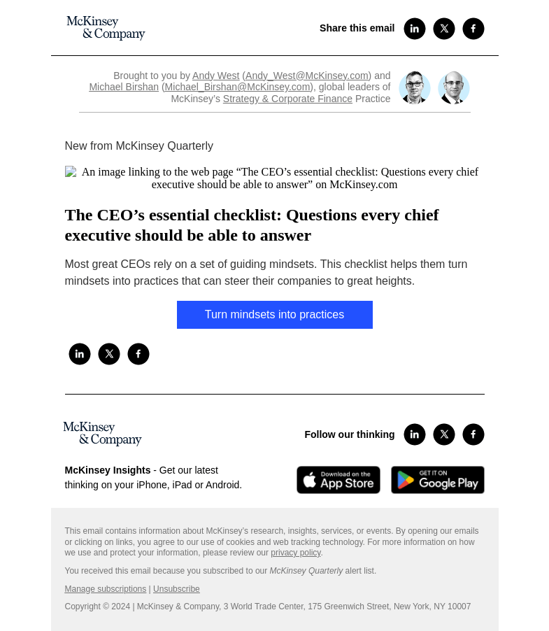Письмо компании «McKinsey & Company» на тему «The CEO’s essential checklist: Questions every chief executive should be able to answer»