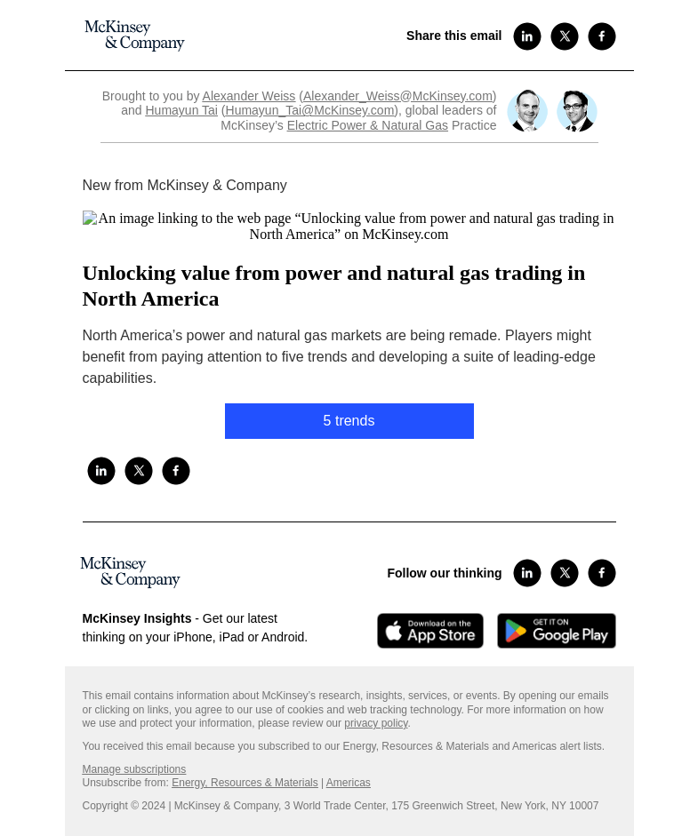 Письмо компании «McKinsey & Company» на тему «Unlocking value from power and natural gas trading in North America»