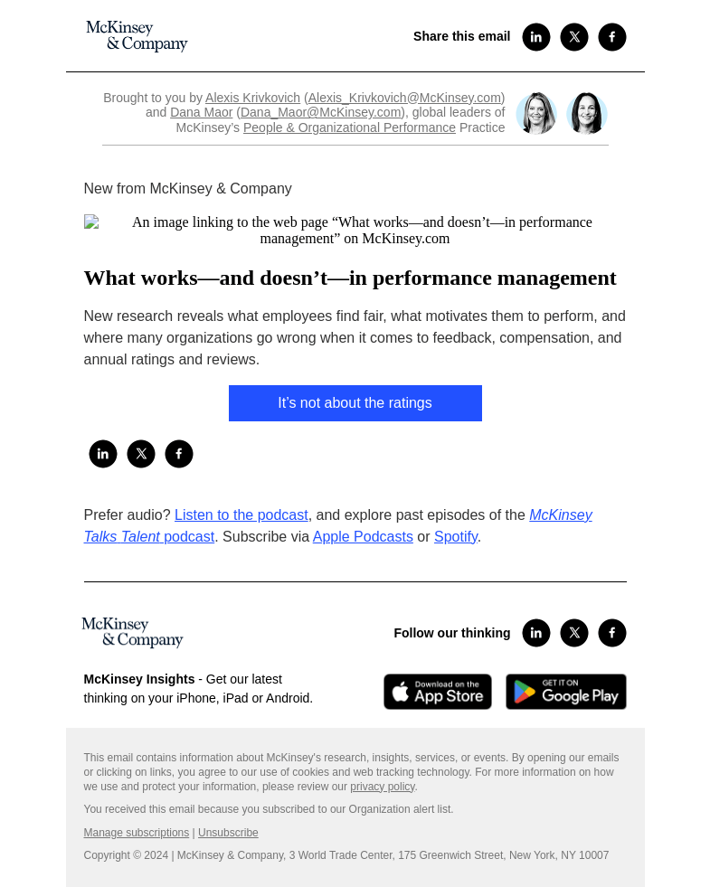 Письмо компании «McKinsey & Company» на тему «What works—and doesn’t—in performance management»