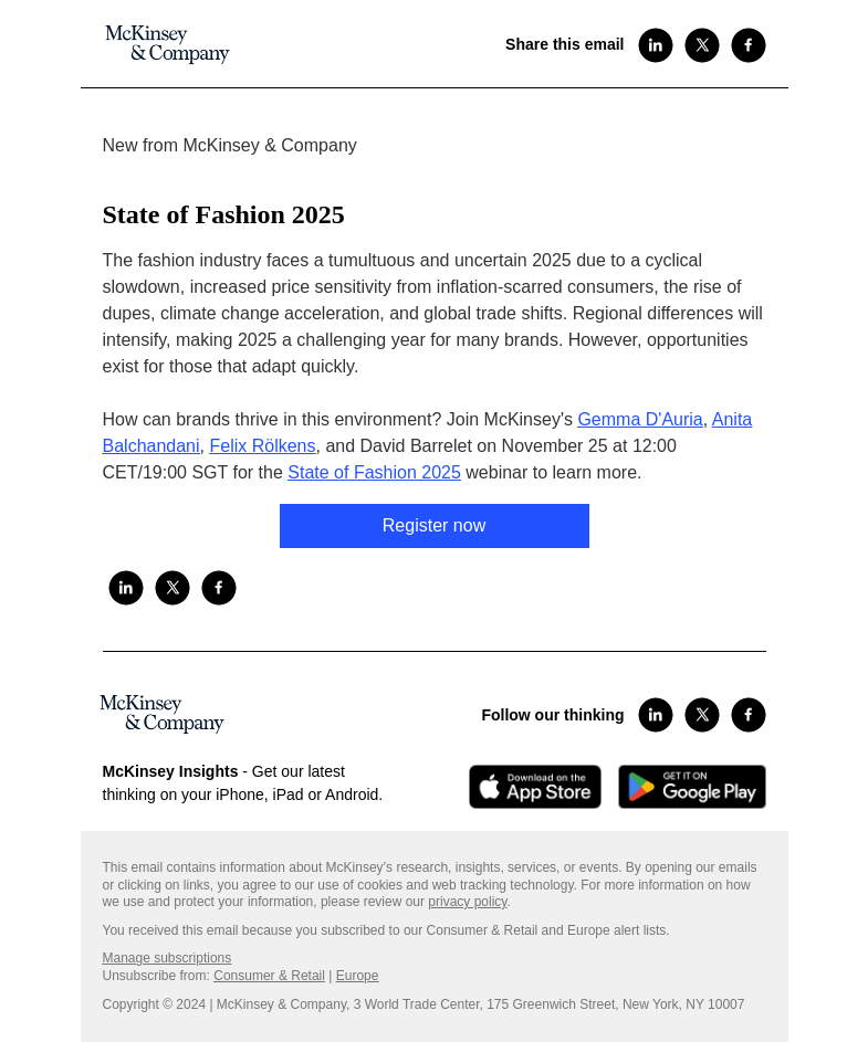 Письмо компании «McKinsey & Company» на тему «Reminder: Join us for a webinar on the State of Fashion 2025»