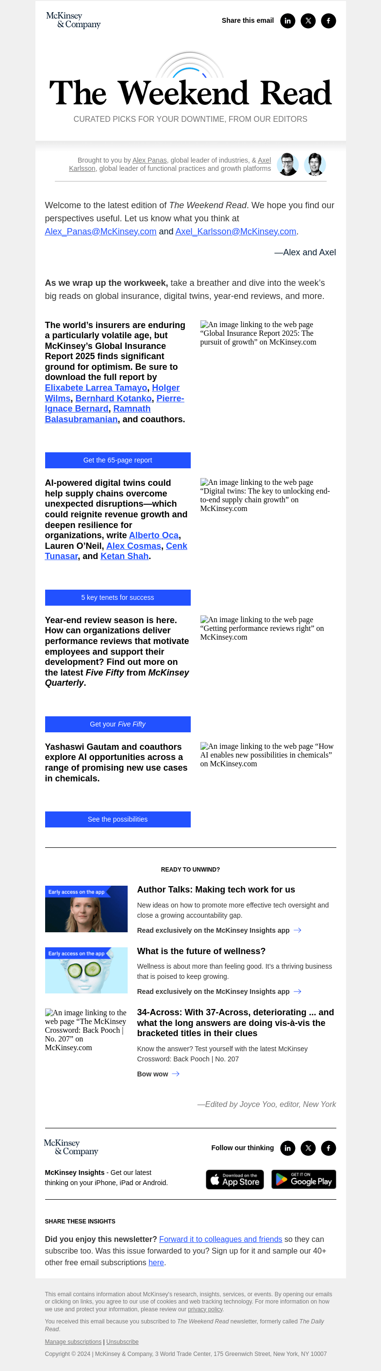 Письмо компании «McKinsey & Company» на тему «McKinsey’s Global Insurance Report 2025, digital twins, year-end reviews, and more highlights»