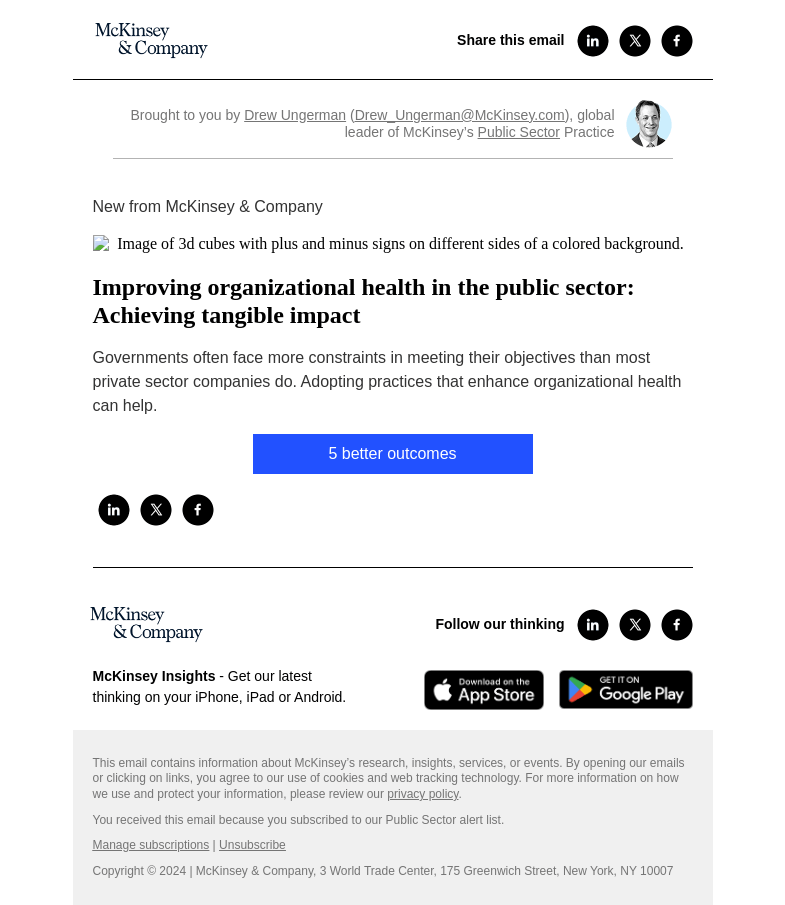 Письмо компании «McKinsey & Company» на тему «Improving organizational health in the public sector: Achieving
 tangible impact»