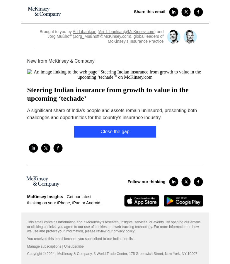 Письмо компании «McKinsey & Company» на тему «Steering Indian insurance from growth to value in the upcoming ‘techade’»