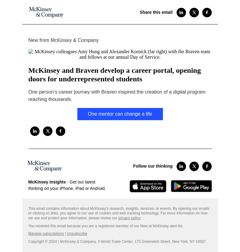Письмо компании «McKinsey & Company» на тему «McKinsey and Braven develop a career portal, opening doors for
 underrepresented students»