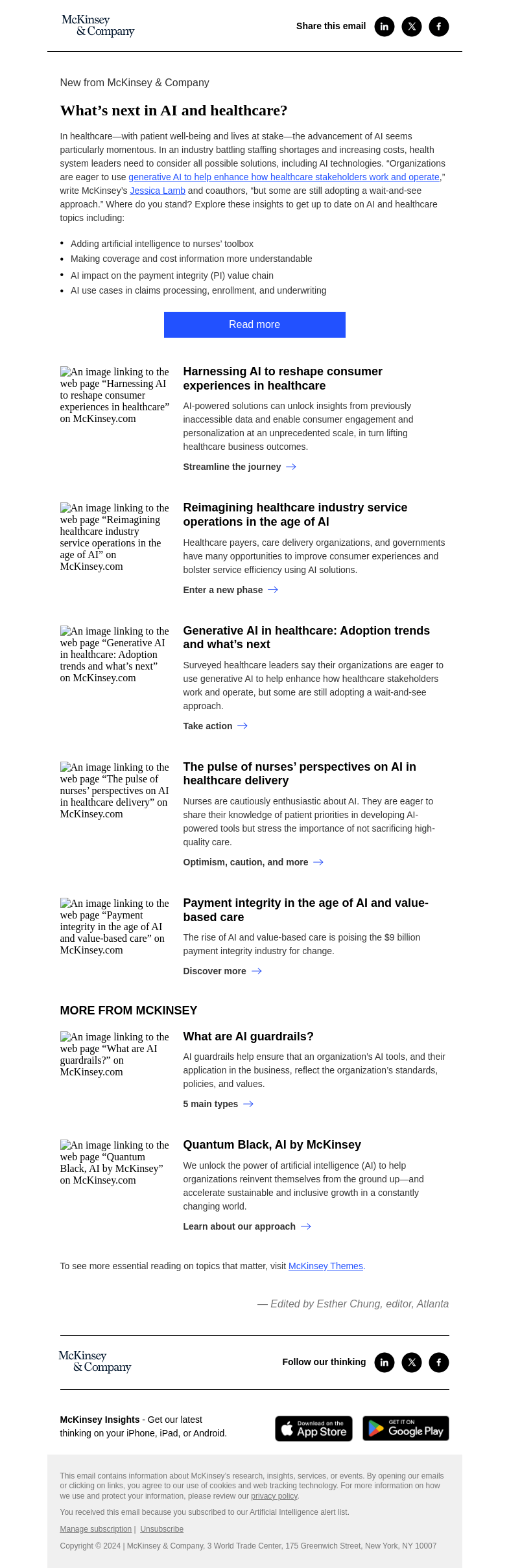 Письмо компании «McKinsey & Company» на тему «AI in healthcare: Where are we?»