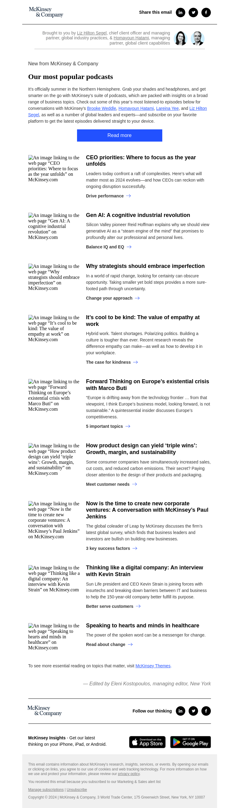 Письмо компании «McKinsey & Company» на тему «Our most popular podcasts»