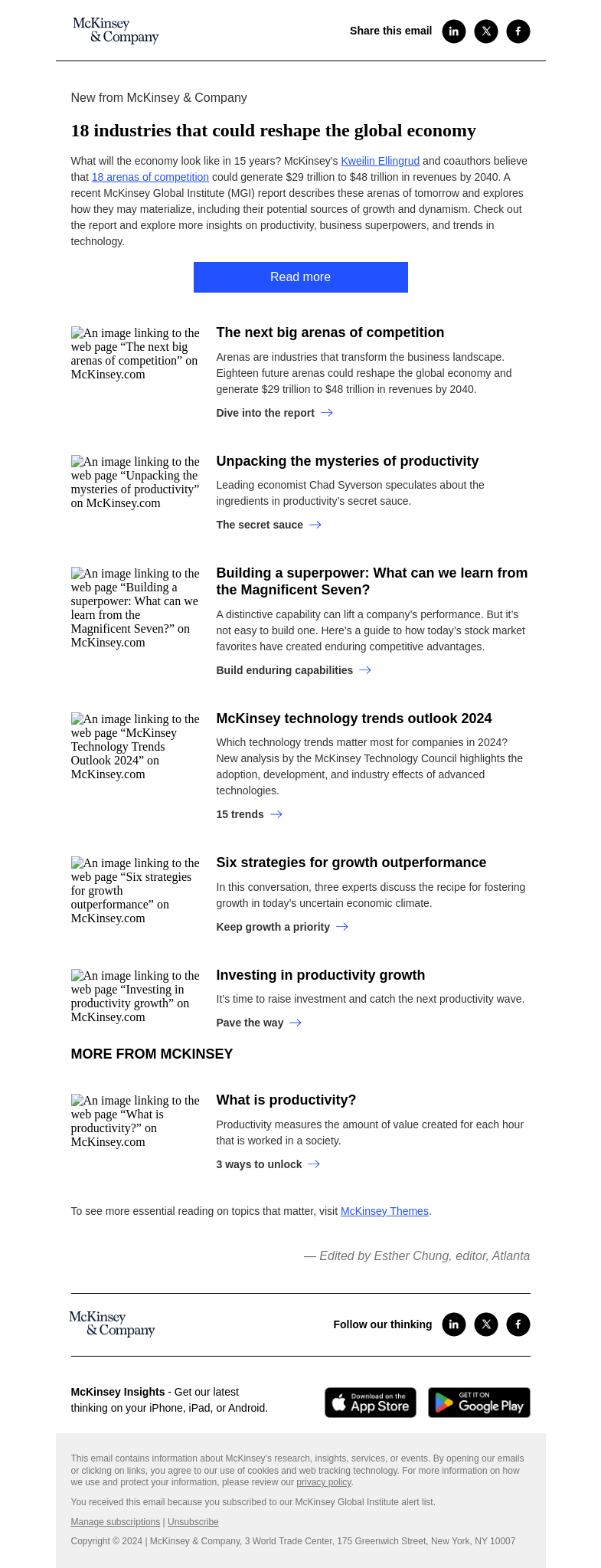 Письмо компании «McKinsey & Company» на тему «These industries could reshape the global economy»