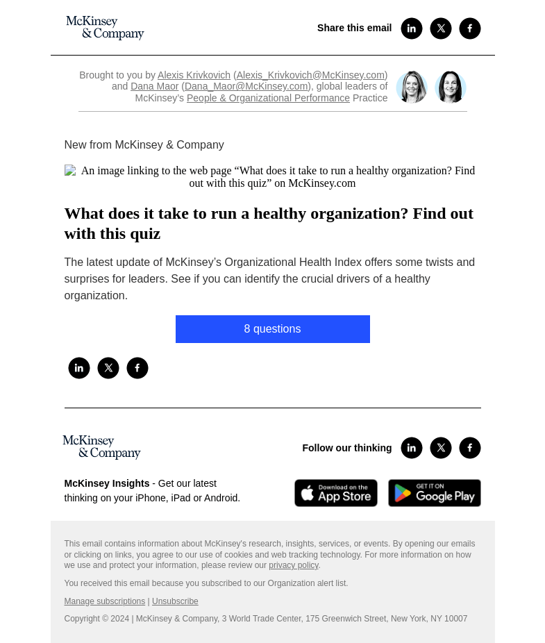 Письмо компании «McKinsey & Company» на тему «What does it take to run a healthy organization? Find out with this
 quiz»