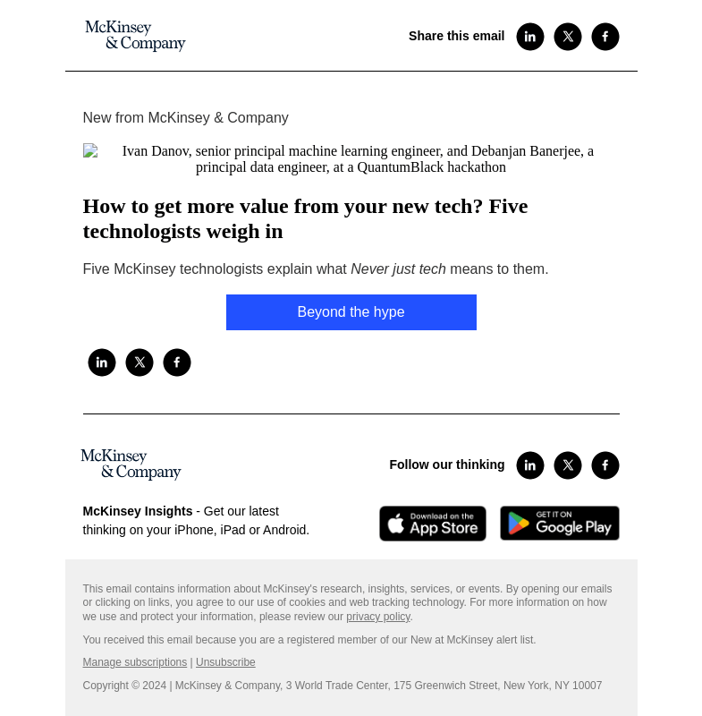 Письмо компании «McKinsey & Company» на тему «How to get more value from your new tech? Five technologists weigh
 in»