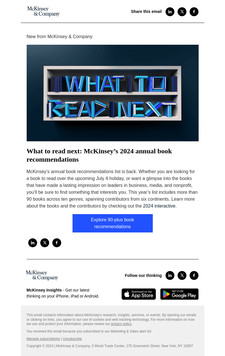Письмо компании «McKinsey & Company» на тему «What to read next: McKinsey’s 2024 annual book recommendations»