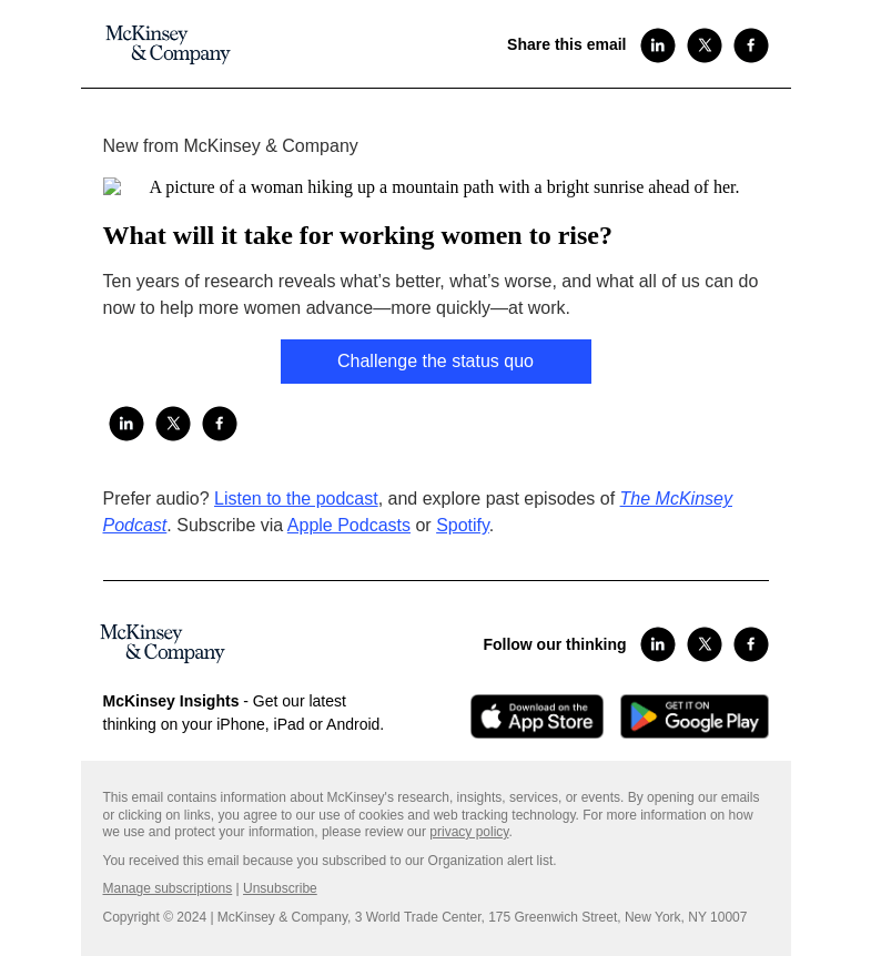 Письмо компании «McKinsey & Company» на тему «What will it take for working women to rise?»