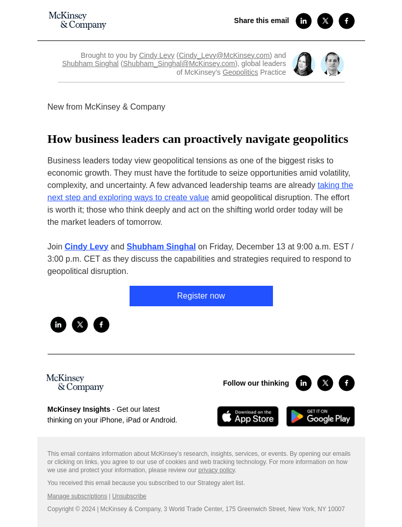 Письмо компании «McKinsey & Company» на тему «You're invited! Join us for a McKinsey Live virtual event on
 navigating geopolitics»