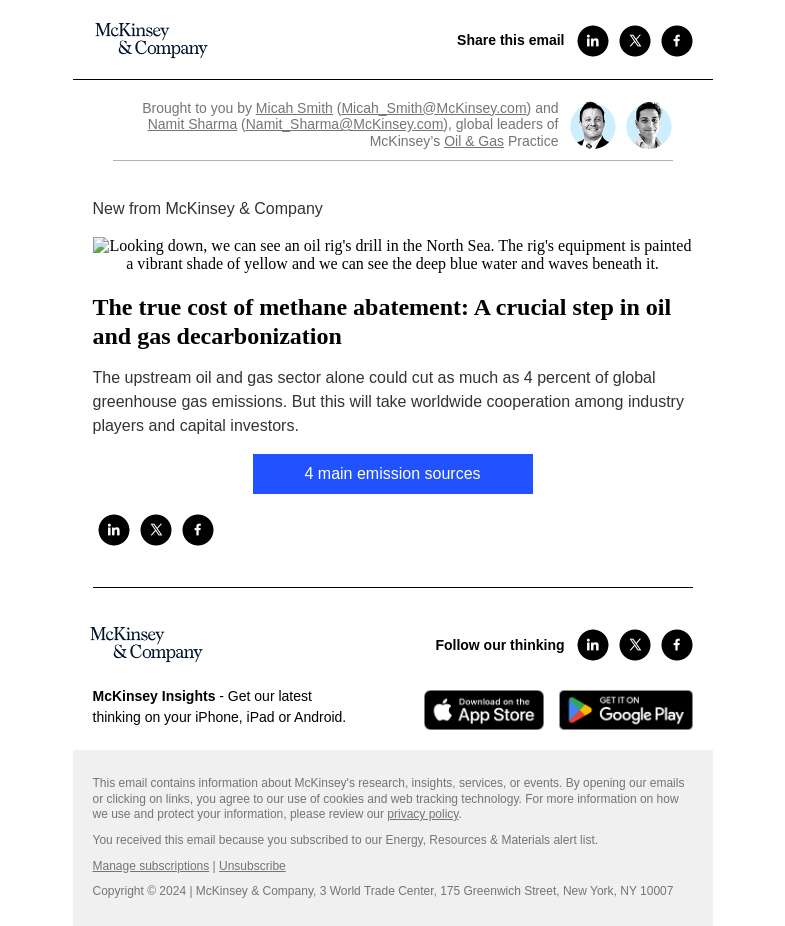 Письмо компании «McKinsey & Company» на тему «The true cost of methane abatement: A crucial step in oil and gas
 decarbonization»