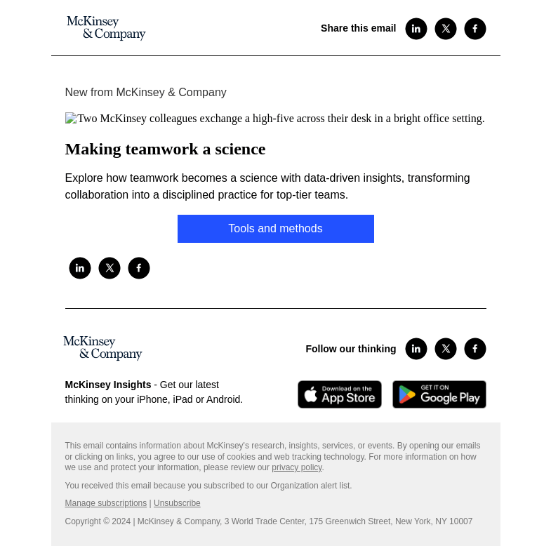 Письмо компании «McKinsey & Company» на тему «Making teamwork a science»