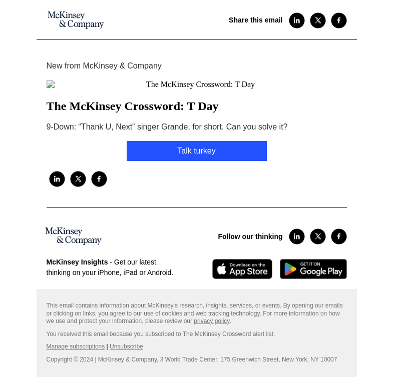 Письмо компании «McKinsey & Company» на тему «Your latest McKinsey Crossword: T Day»