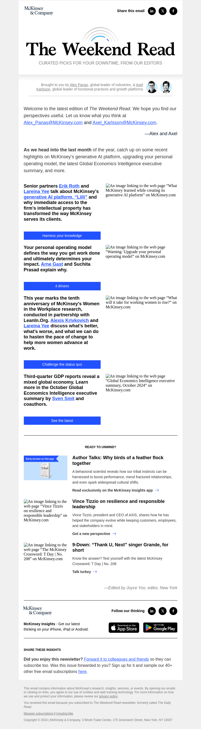 Письмо компании «McKinsey & Company» на тему «McKinsey’s gen AI platform, your personal operating model, the latest Global Economics Intelligence executive summary, and more insights»