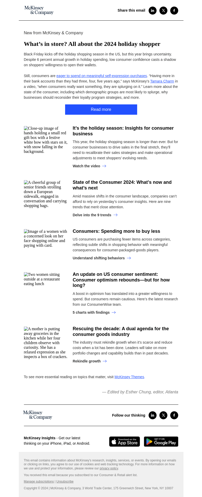 Письмо компании «McKinsey & Company» на тему «What’s in store? All about the 2024 holiday shopper»
